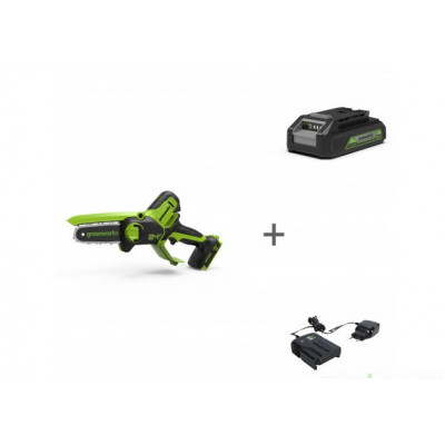 Цепная мини пила аккумуляторная Greenworks 24V, 10см, c 1хАКБ 2Ач и ЗУ
