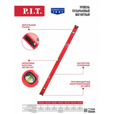 _РАСПРОДАЖА Уровень пузырьковый магнитный P.I.T. серия ADVANCE HSPL02-1200 (1200мм, 3 капсулы, короб