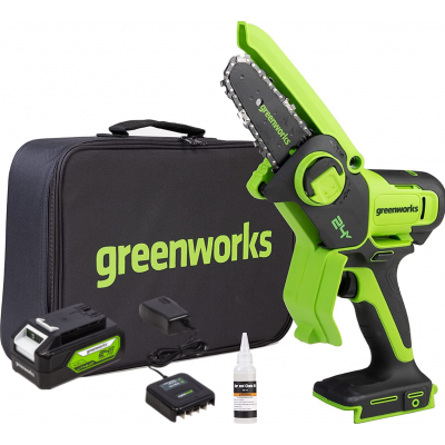 Цепная мини пила аккумуляторная Greenworks 24V G24MCS10,10см,c1хАКБ 4Ач и ЗУ